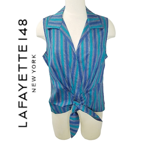Lafayette 148 New York Tops - Lafayette 148 Blue Turquoise Stripe Sleeveless Tie Waist Buttonfront Top 12 NWT